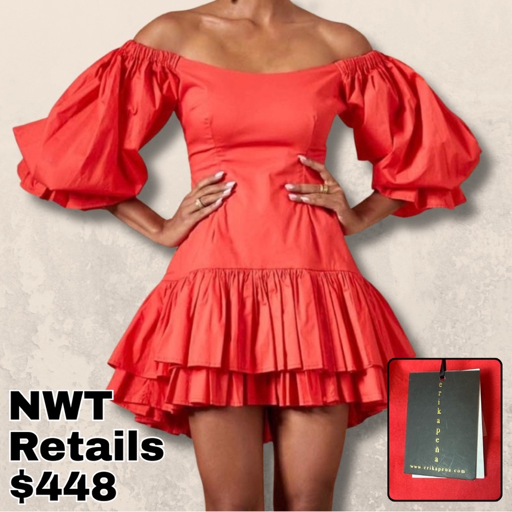 ❗️ Erika Pena Janey Dress mini off shoulder puff sleeves ruffles layers size XS